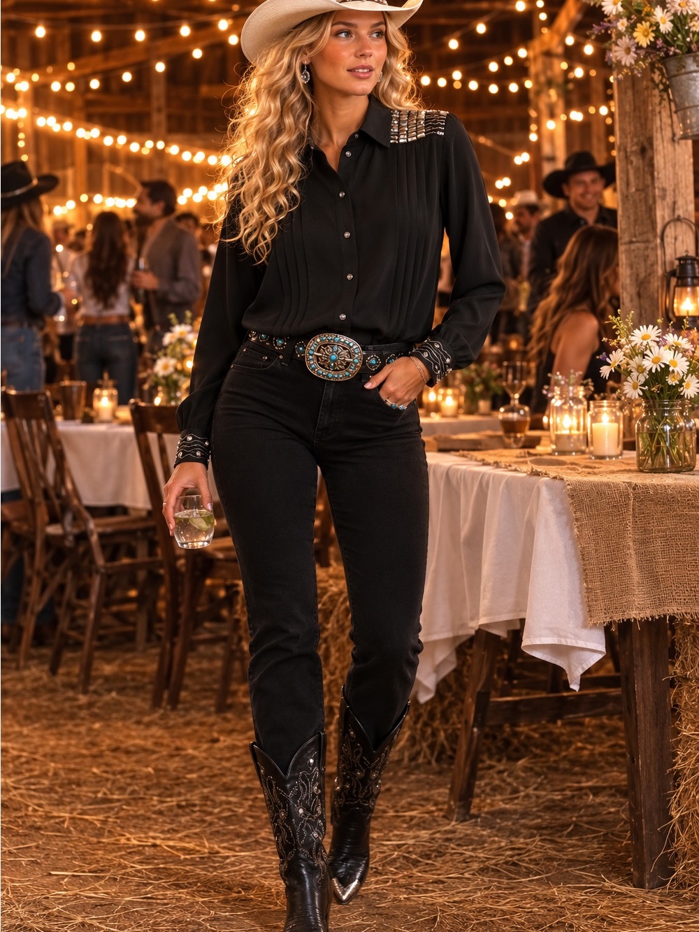 Y2K Embellished Shoulder Black Women's Silk Blouse